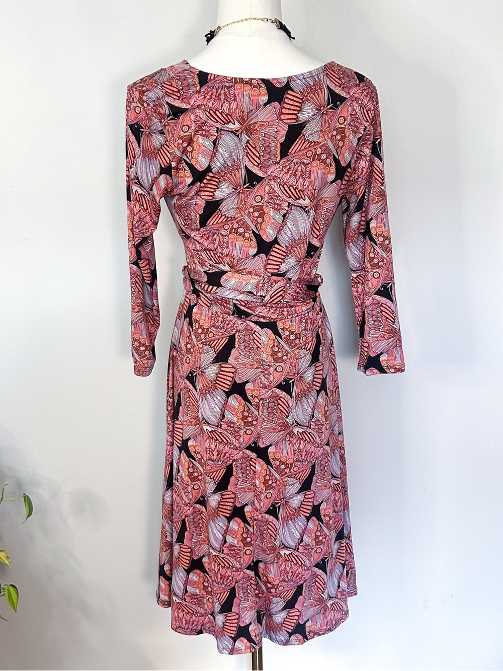 Pink Butterfly Print Whimsigoth Long Sleeve Wrap Style Mini Dress Medium - Picture 6 of 7